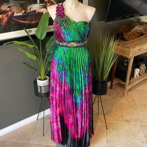 Allure One Shoulder Satin Peacock Gemstone Gown Formal Dress